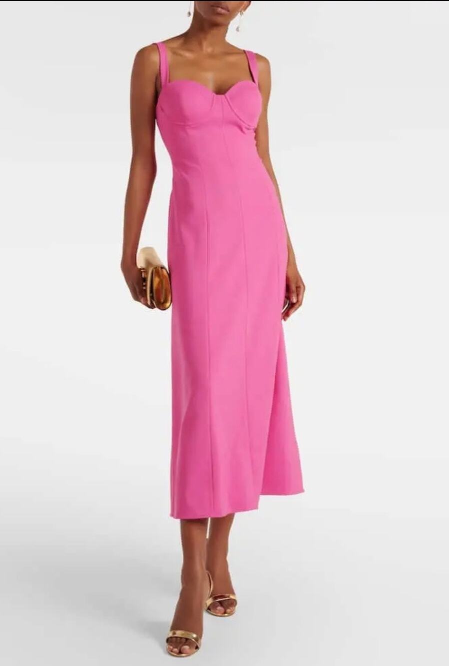 Carolina Herrera Flamingo Pink Wool Bustier Sleeveless Cocktail Midi Dress 12